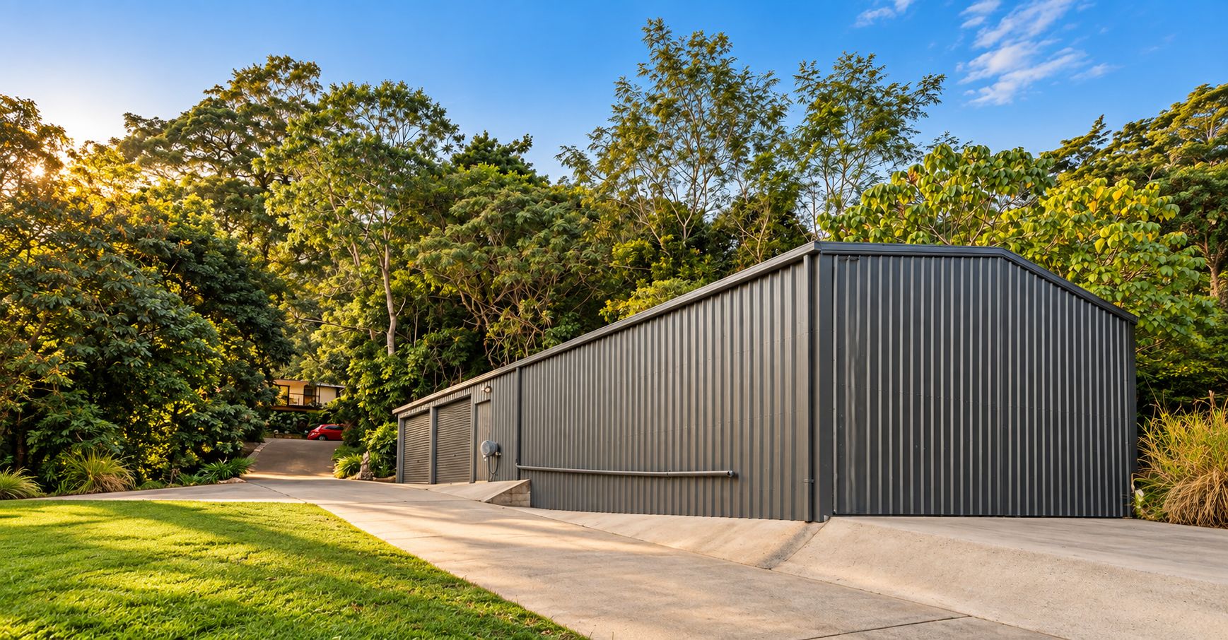A single-story metal building with a flat roof, a concrete driveway, and a well-maintained lawn.