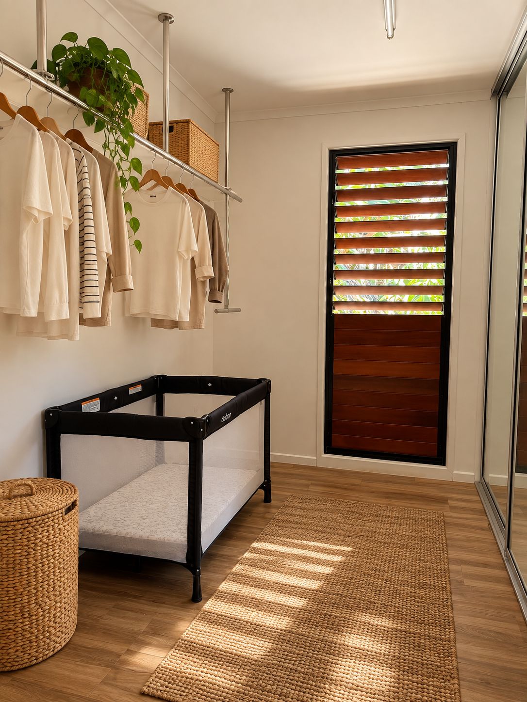 A room with a crib, a clothing rack, a basket, a woven basket, and a window with blinds.