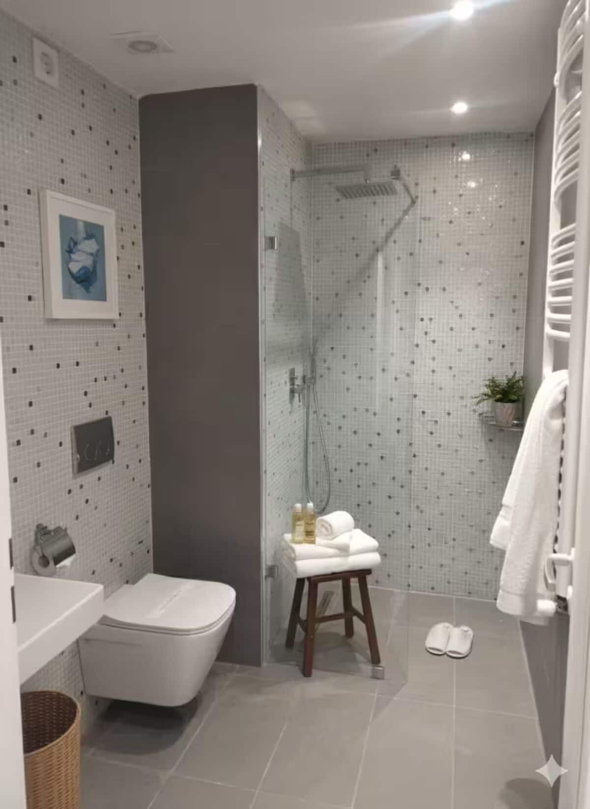 Hair dryer, towels, soap, shampoo