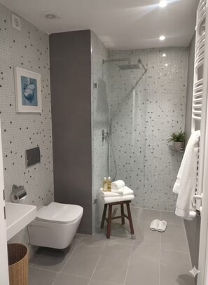 Sèche-cheveux, serviettes fournies, savon, shampoing