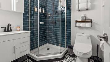Shower, hair dryer, towels, soap
