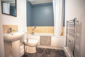 Hair dryer, towels, soap, toilet paper