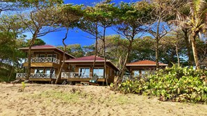 A wooden two-story building with balconies, surrounded by dense vegetation and trees. - Turtle Beach Sanctuary Utila  (Isla de Utila)