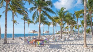A beach with rows of palm trees, beach chairs, and umbrellas. - Cancun Luxury Beachfront Resort Dec 20-Jan3 All Inclusive for 4 (Cancun)