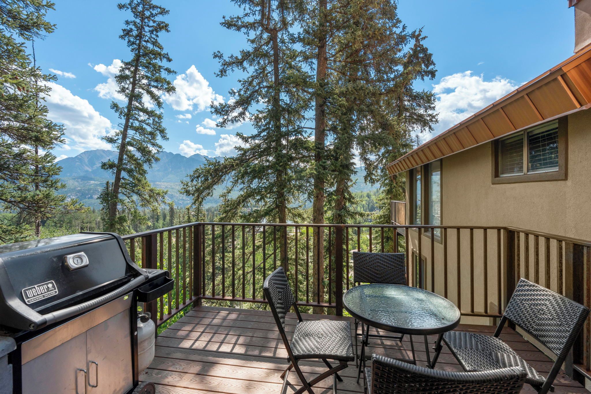 Una terraza con una parrilla, sillas y una mesa con vistas a un bosque y montañas.
