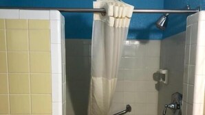 Ein kleiner, abgeschlossener Duschbereich mit Handtuchhalter, Duschvorhang und Handbrause.