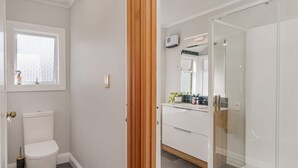 A modern bathroom with a toilet, a shower enclosure, and a vanity with a mirror.