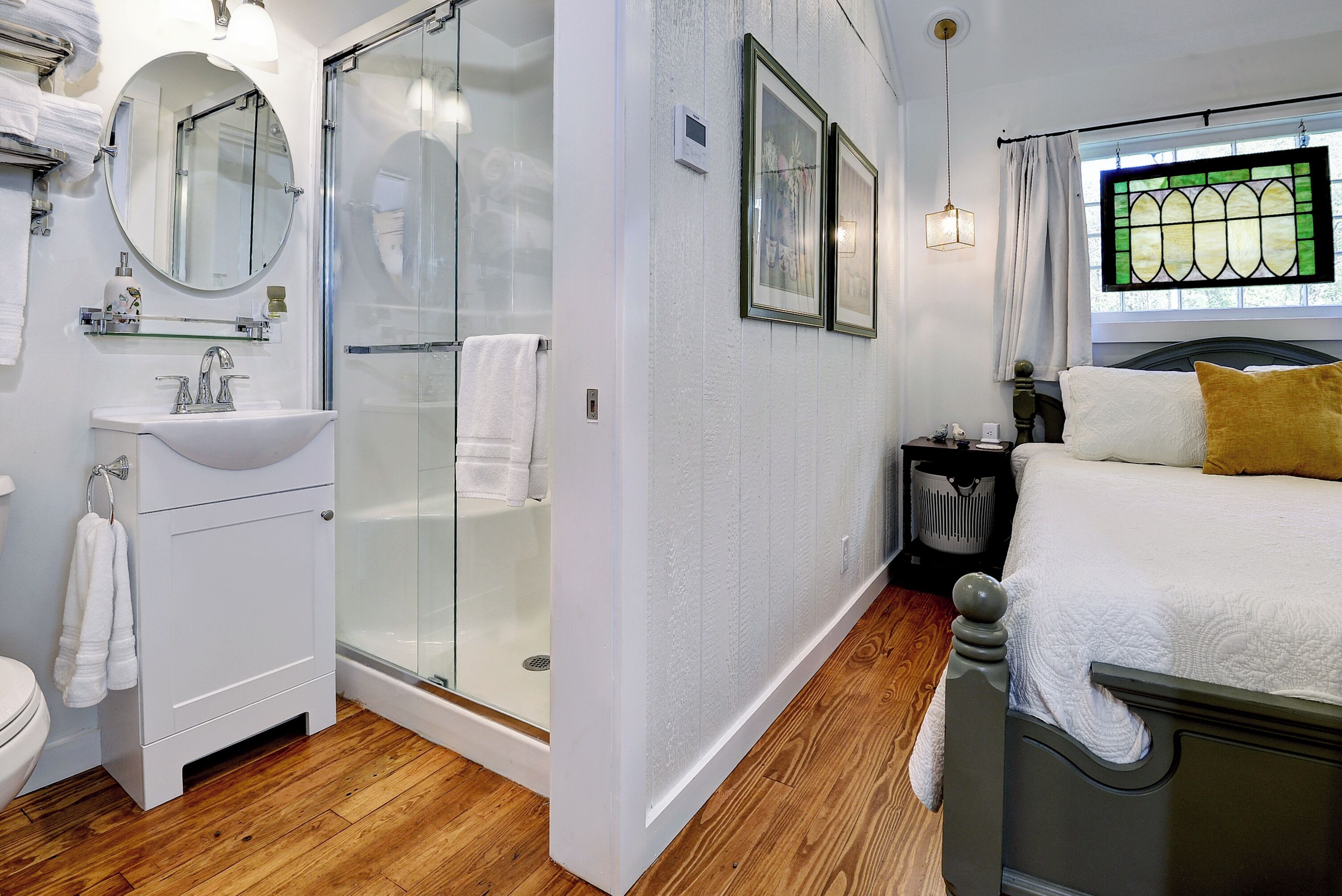 Shower, towels, soap, shampoo