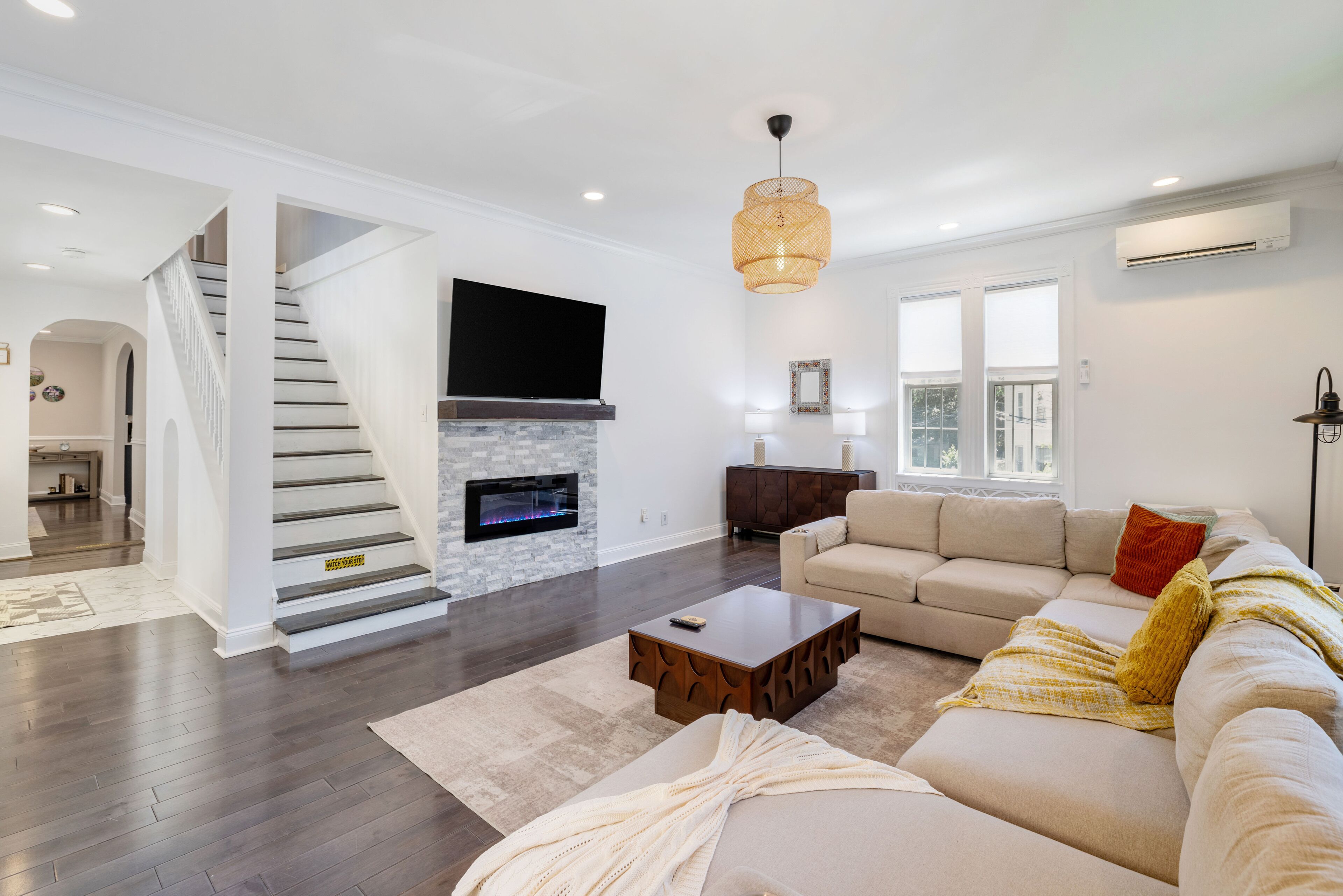 Smart TV, fireplace, books