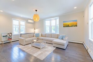 Smart TV, fireplace, books