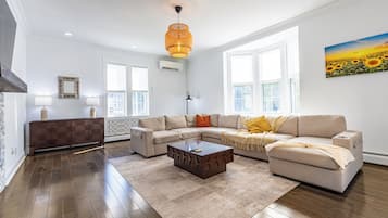 Smart TV, fireplace, books
