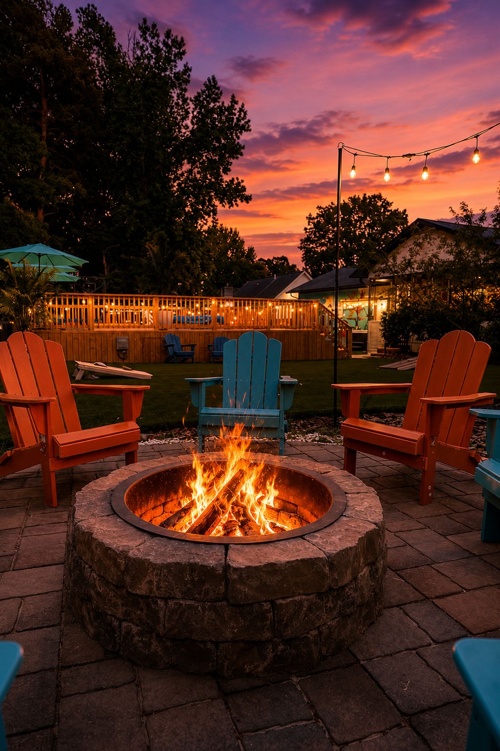 A fire pit surrounded by chairs, with a wooden deck and string lights in the background.