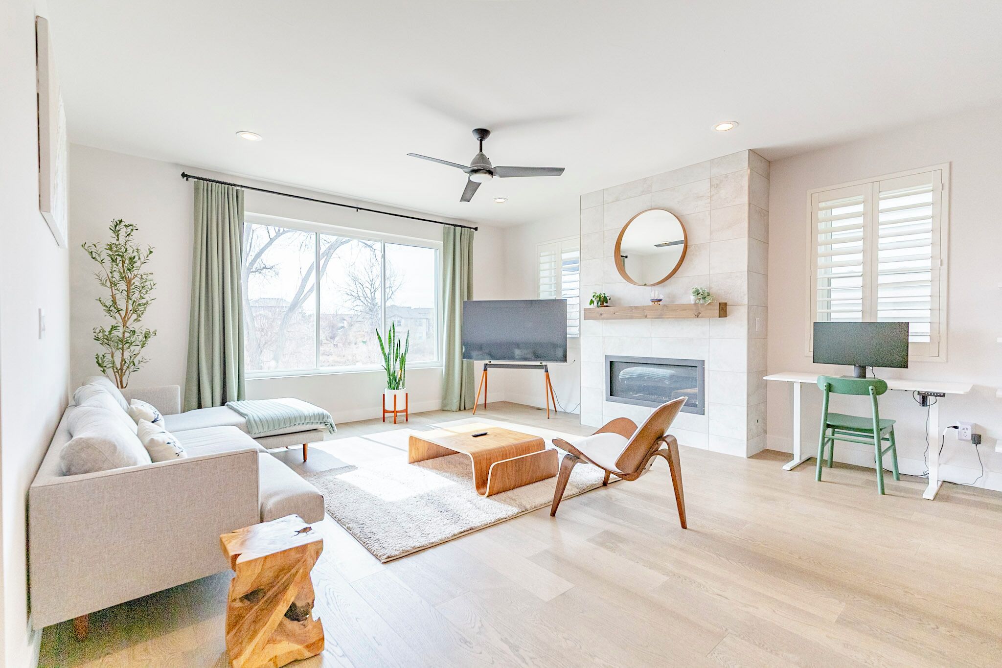 TV connectée, cheminée, livres, médiathèque