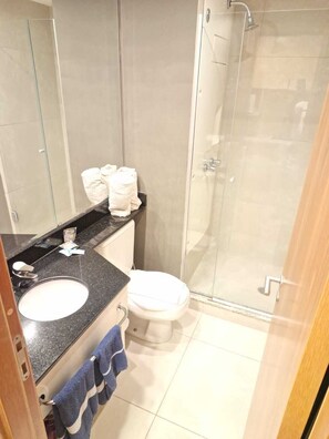 Shower, hair dryer, bidet, towels