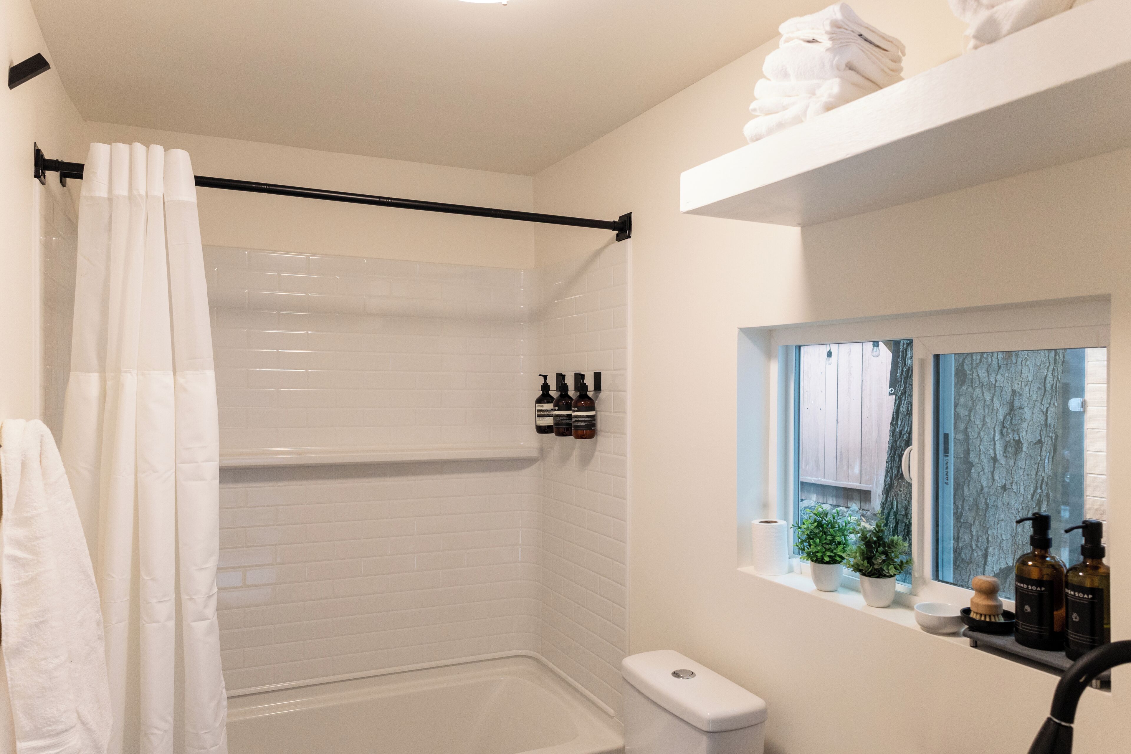 Hair dryer, towels, soap, shampoo