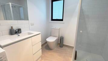 Hair dryer, towels, soap, shampoo