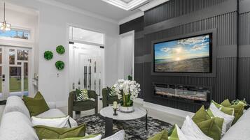 Smart TV, fireplace, video games, foosball