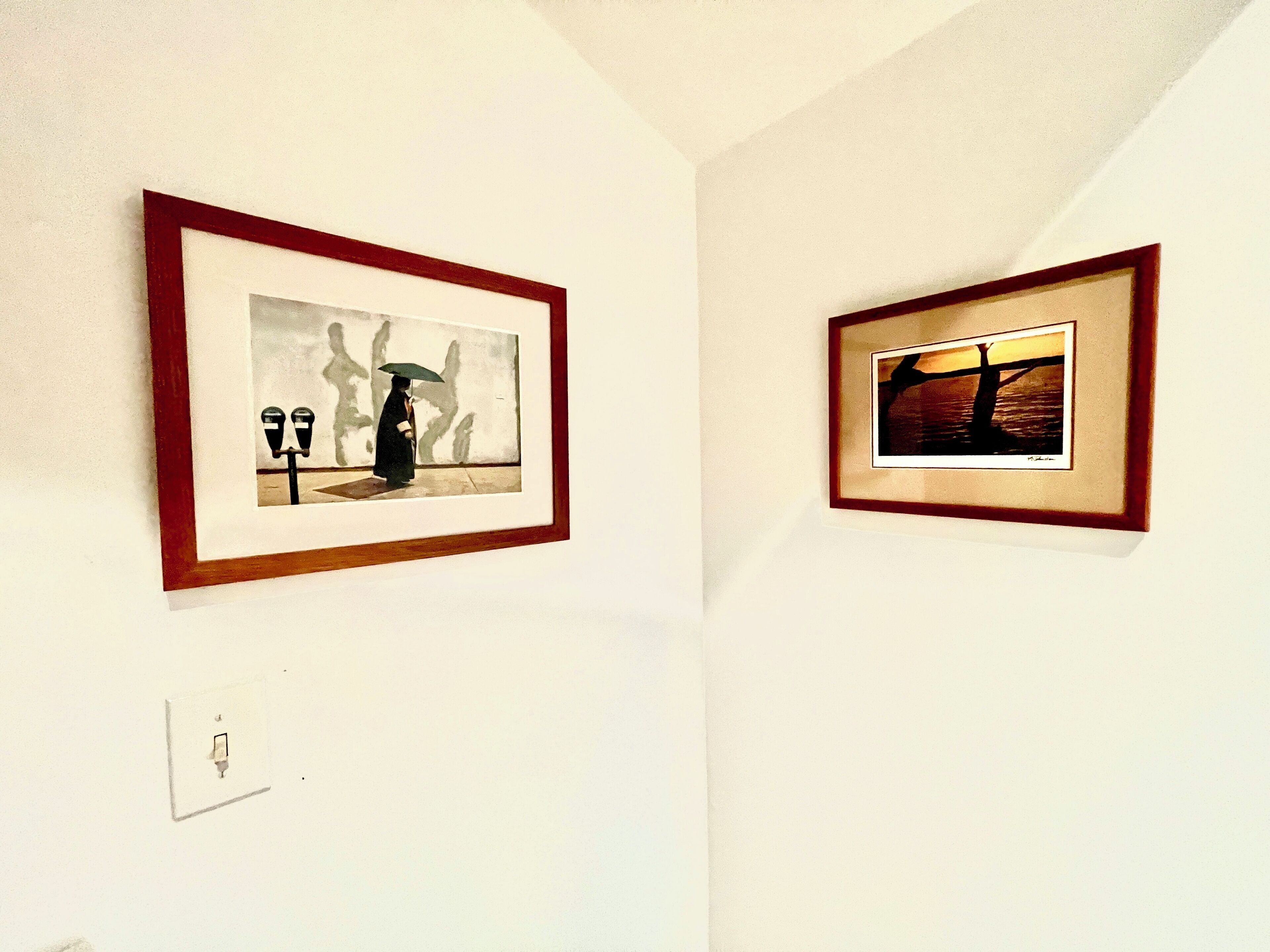 Deux œuvres d’art encadrées sont accrochées au mur.