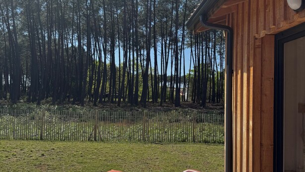 Een houten terras met twee stoelen en een rode deken, met uitzicht op een bos en een omheind gebied.