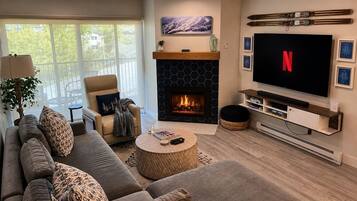 Smart TV, fireplace, video games, books