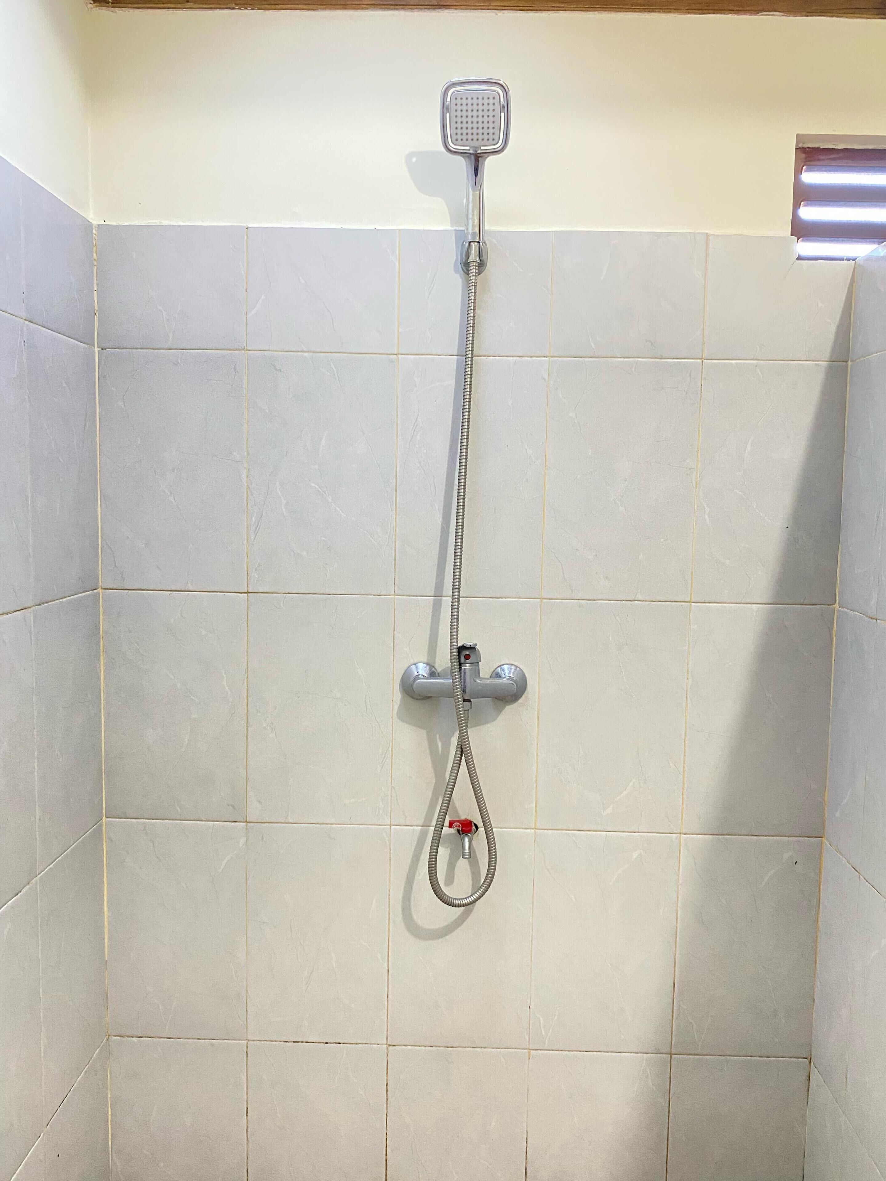Une douche équipée d’un pommeau de douche à main et d’un flexible de douche.
