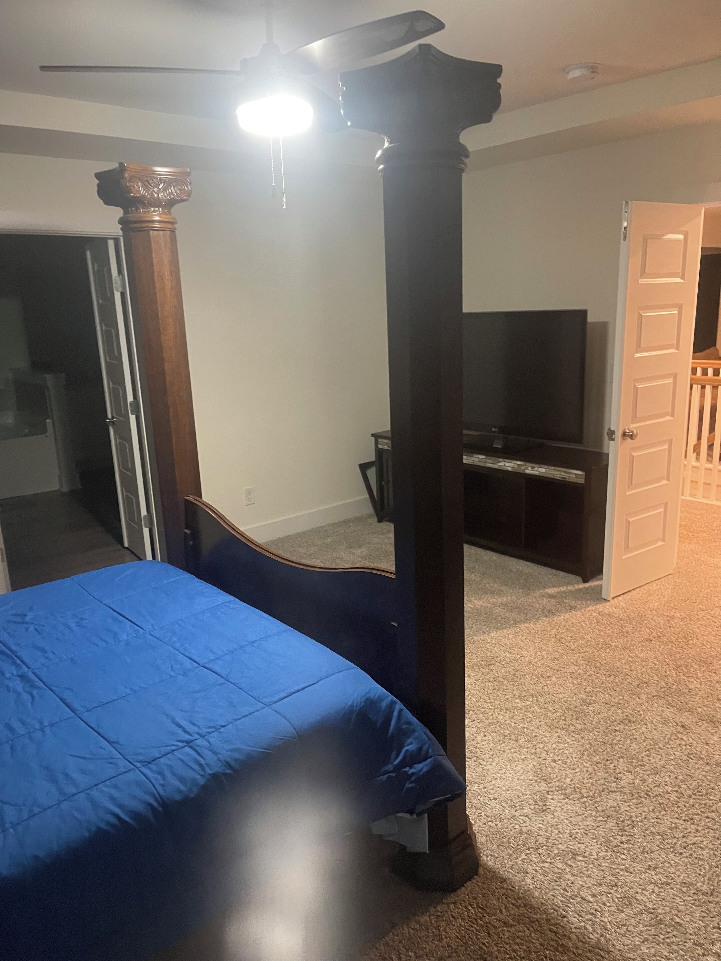 A bedroom with a four-poster bed, a ceiling fan, a television, and a door leading to another room.