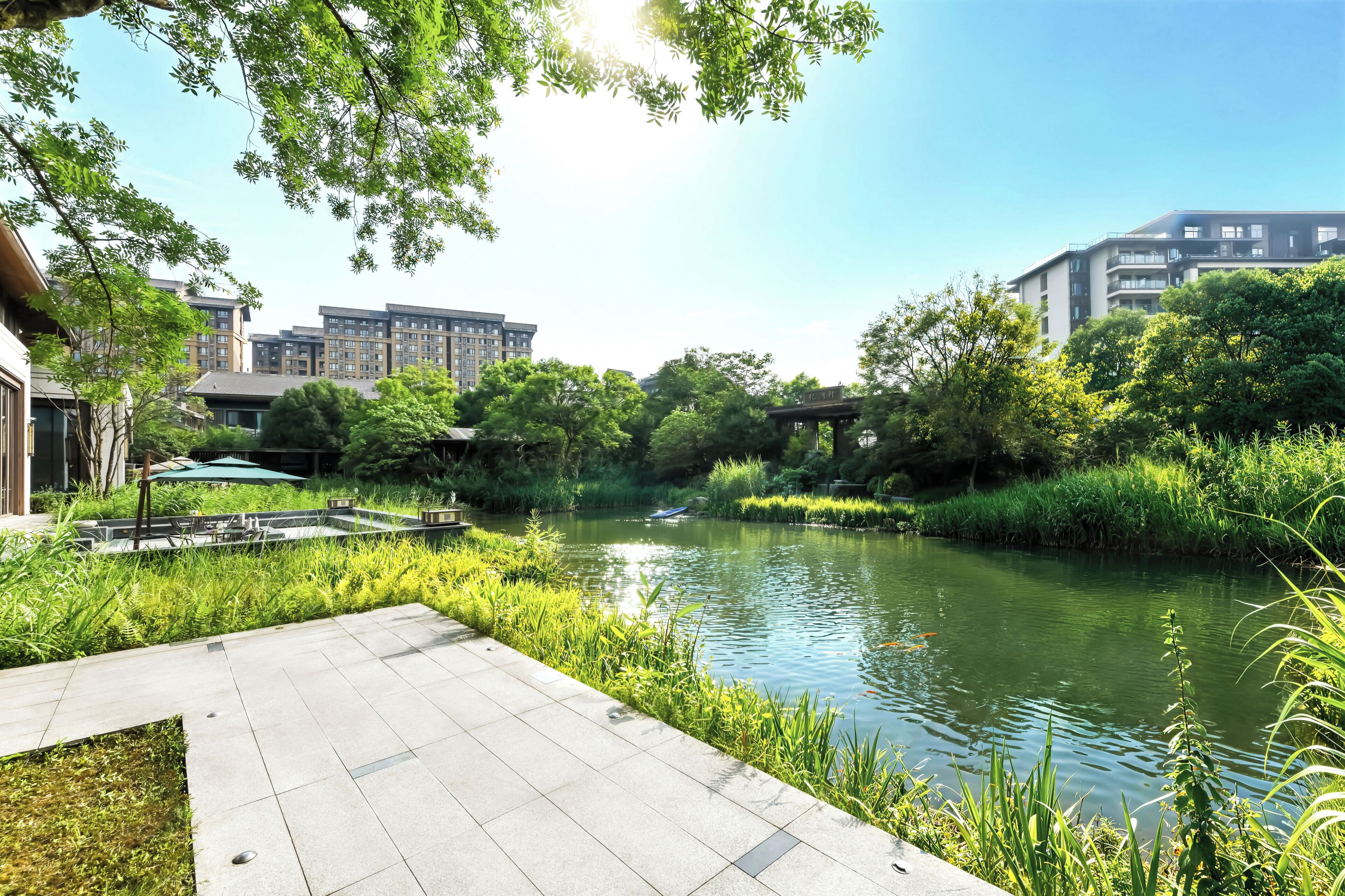 A riverside walkway with a clear view of a river, surrounded by greenery and modern buildings in the background.