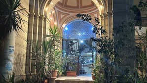 Una entrada imponente con un gran arco, escalones que conducen a él y plantas en macetas a cada lado.