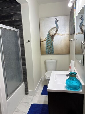 Hair dryer, towels, soap, toilet paper