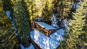 A cabin with a snow-covered roof, surrounded by dense forest.