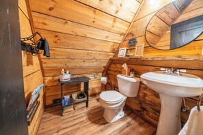 Ein Badezimmer einer Holzhütte mit Toilette, Waschbecken und einer kleinen Ablage für Toilettenartikel.
