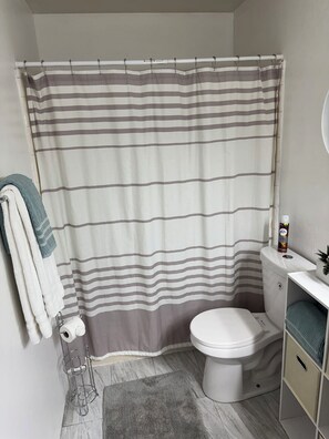 Hair dryer, towels, soap, toilet paper