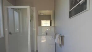 Et badeværelse med bruser, håndvask og spejl.