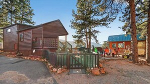 A cabin with a porch and a fenced yard. - Hummingbird Heaven! Woodland Park Mountain Cabin (Woodland Park)