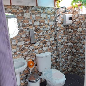 Shower, hair dryer, bidet, towels