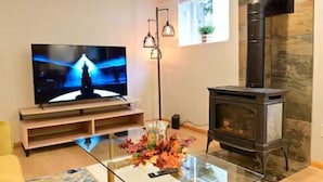 Een woonkamer met een televisie, een glazen salontafel met een vaas, een open haard en een raam met een plant.