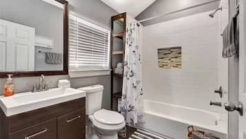 Hair dryer, towels, soap, shampoo