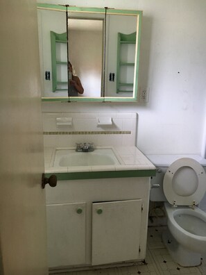 A bathroom with a white sink, green-framed mirror, and a toilet. - FIFA Friendly - Large Groups Allowed (Houston)