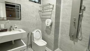 Shower, free toiletries, hair dryer, slippers