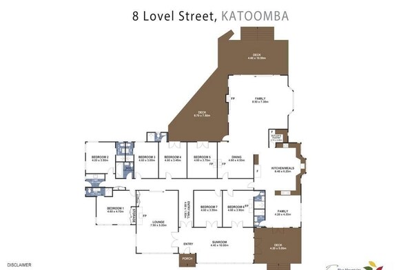 Plan d’étage d’une propriété résidentielle située au 8, rue Level, à Katoomba, comprenant plusieurs chambres, une salle familiale, un coin repas, une cuisine, un véranda, un salon et un hall d’entrée/porche.