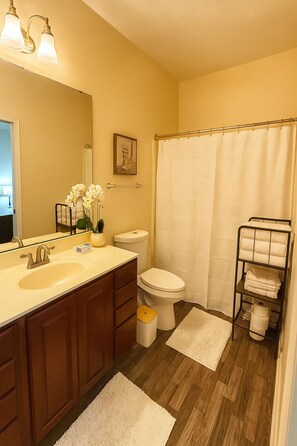 Shower, hair dryer, bidet, towels