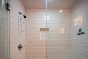 Shower, hair dryer, soap, shampoo