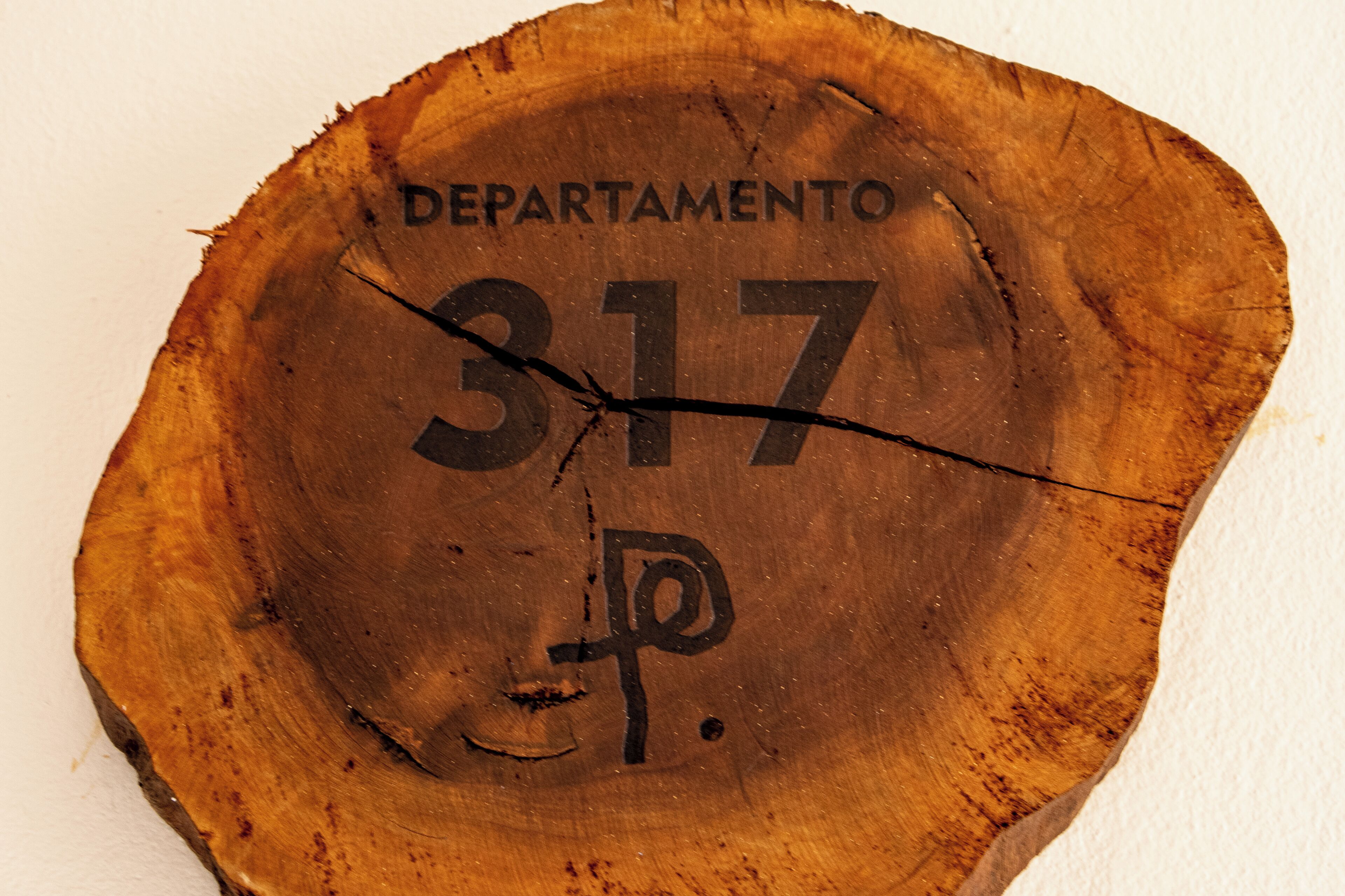 A wooden slice with "DEPARTAMENTO 317" and a symbol.
