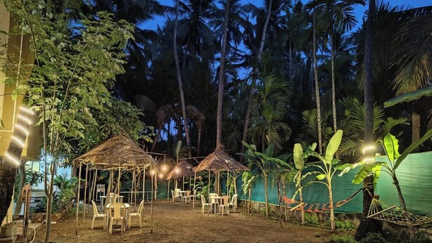A well-lit outdoor area with two thatched-roof structures, surrounded by palm trees and a green netted enclosure. - Mauli cottage (Murud)