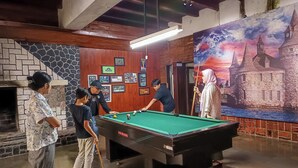 Een pooltafel in een ruimte met houten wanden en een muurschildering van een kasteel.