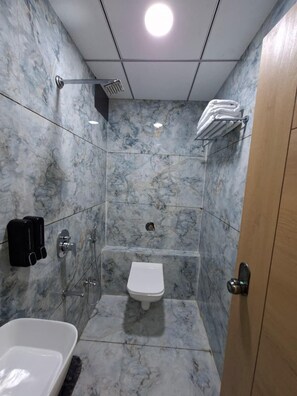 Familie driepersoonskamer | Badkamer | Een douche, handdoeken, zeep, shampoo