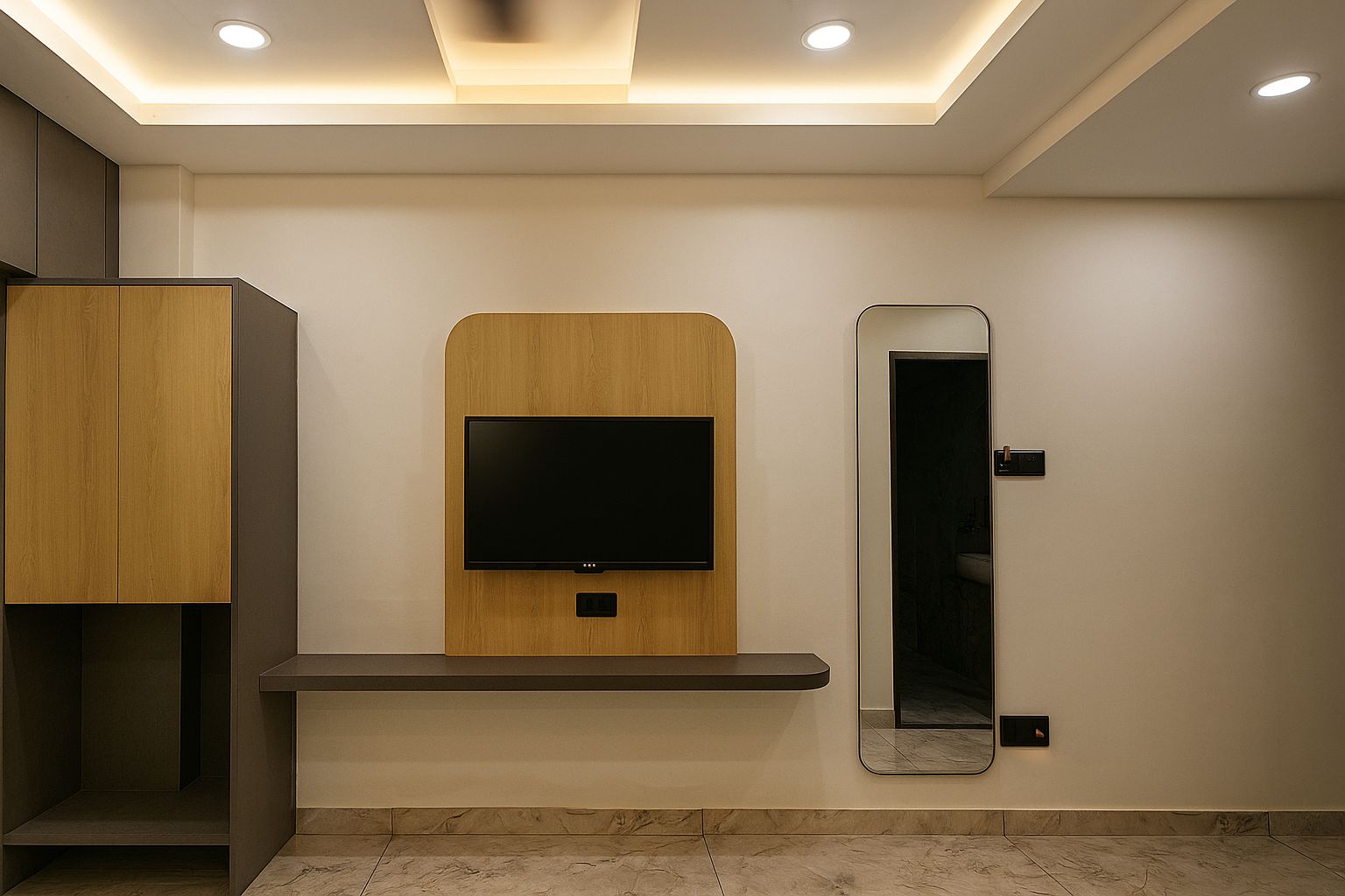Un baño moderno con televisión integrada, un espejo y un armario de madera.