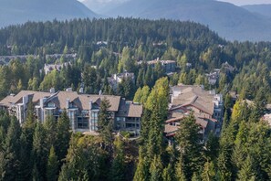 A residential area with multiple houses surrounded by dense forest and mountains in the background. - Mountain living, over 1400 sqft condo in Blueberry Hills, exceptional outdoor space, book for Summer (Whistler)