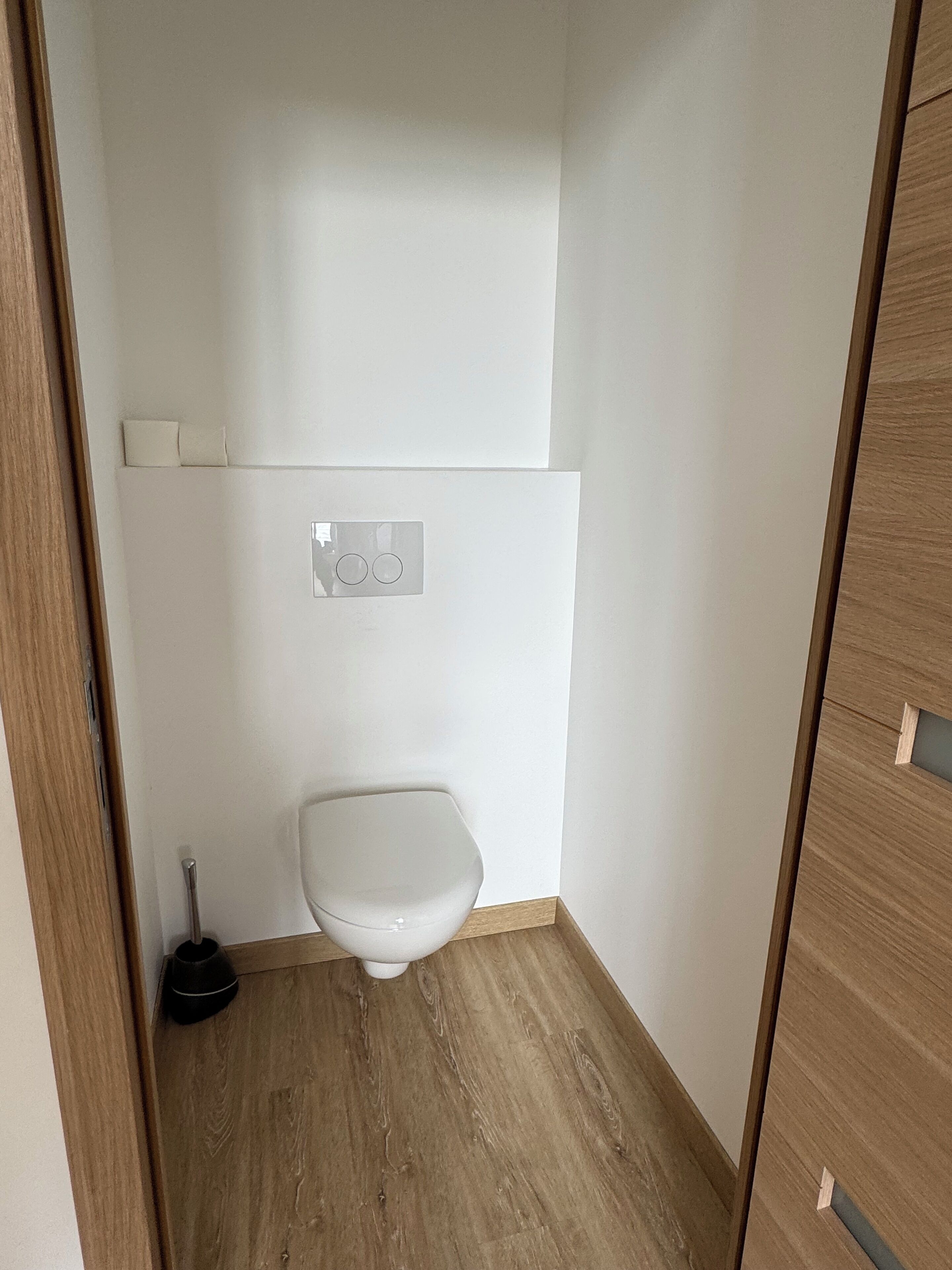 A small, modern bathroom with a white toilet, a flush handle, and a plunger on the floor.