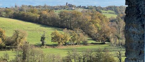 A rural landscape with rolling hills, trees, and a distant building.